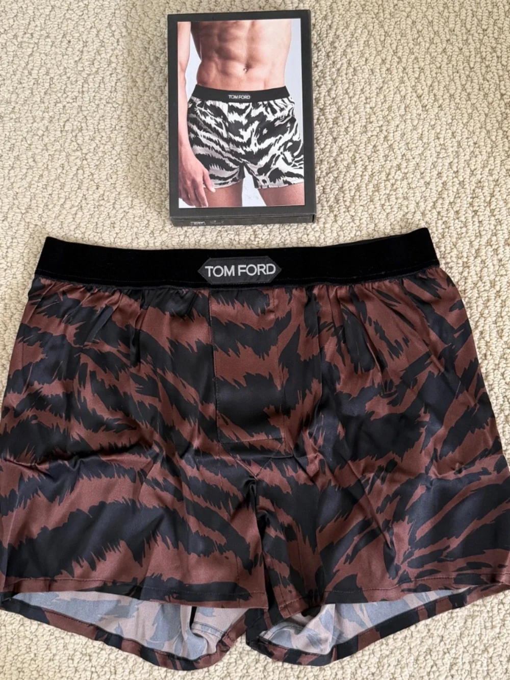 Tom Ford Brown Black Zebra Stretch Silk Logo Velvet Waistband Boxer Shorts